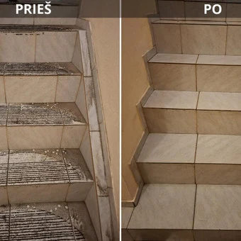 Laiptų būklė prieš ir po HD Clean valymo